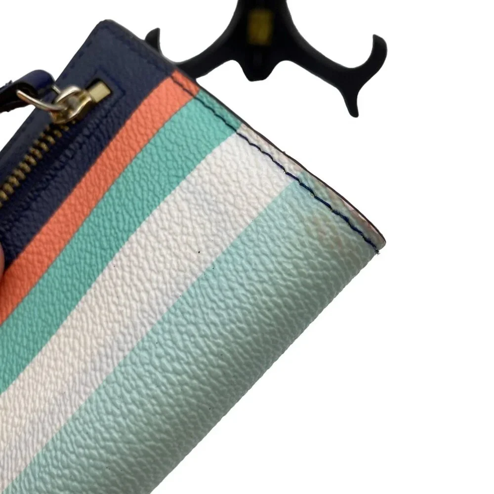 Kate Spade slim bi fold wallet Stripe blue pink button shut pocket book leather‎